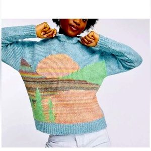 Asos Landscape Sweater Sunrise Mountains Blue Womens Size Small